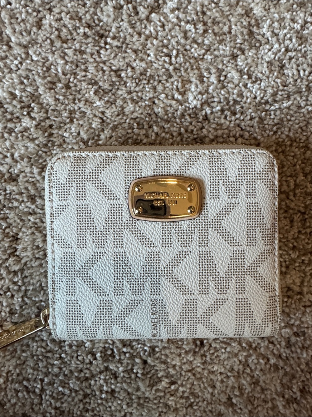 Michael Kors Beige Logo Zip Wallet with Gold Plaque